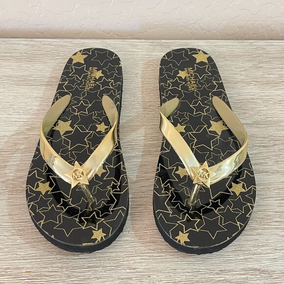 Michael Kors Sandals MK Flip Flops 6 Thong Gloss Black Metallic Gold Stars - Picture 2 of 12